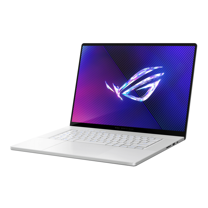 Off center shot of the front of the Zephyrus G16, with the ROG Fearless Eye logo on screen