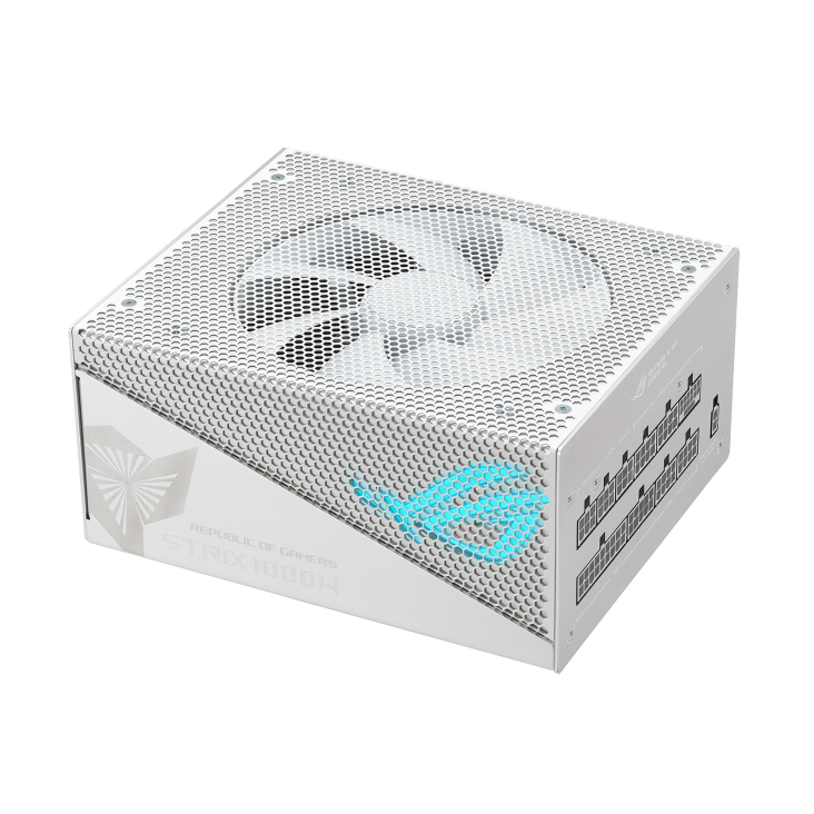 Front-side angle of ROG Strix 1000W Gold Aura Snow Edition