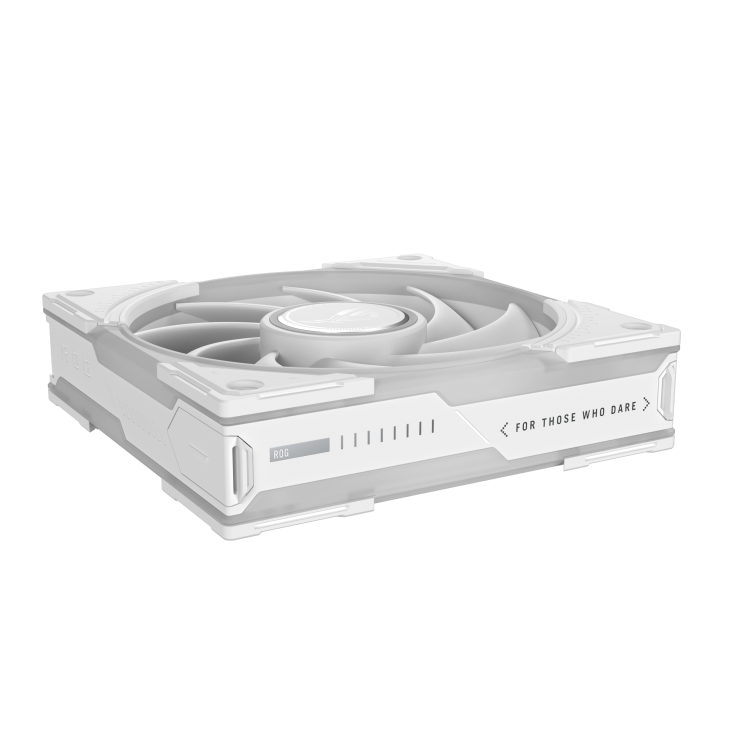 ROG Eurux GR120 ARGB Fan White side angle view with ROG pattern