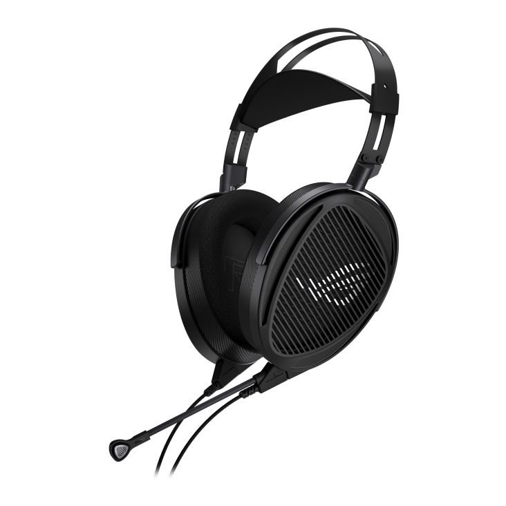 The front view of ROG Kithara open-back hifi gaming headset with planar magnetic drivers angled from the right