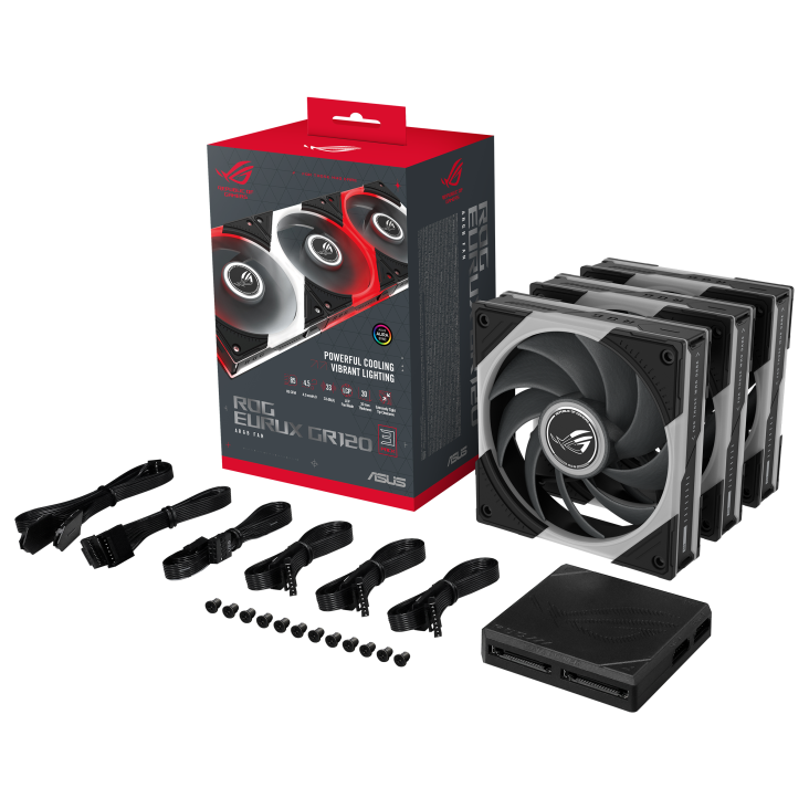 ROG Eurux GR120 ARGB Fan Black triple pack color box, with accessories and hub
