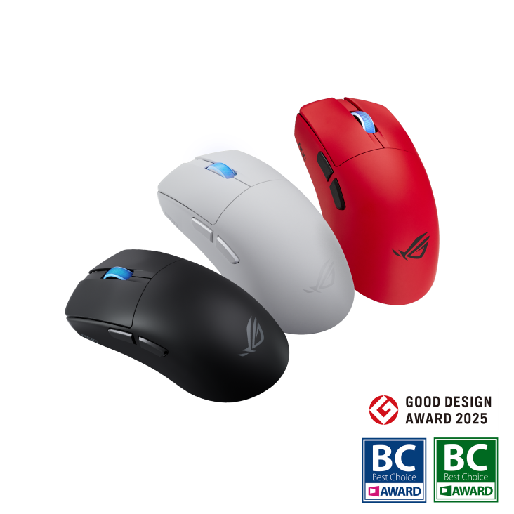 Angled side view of the black, red and white ROG Harpe II Ace with the good design award logo and BC award logos