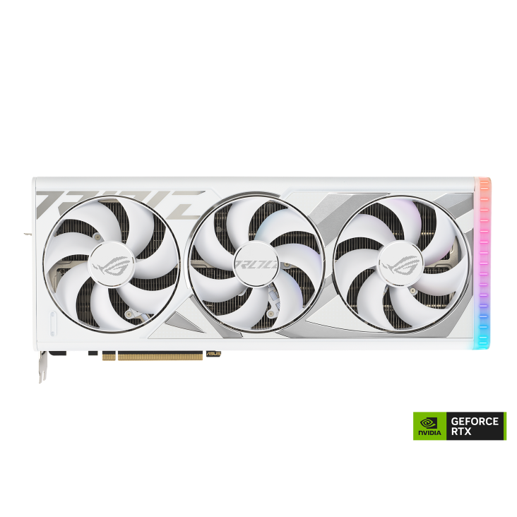 Front side of the ROG Strix GeForce RTX 4080 SUPER White edition graphics card with NV logo