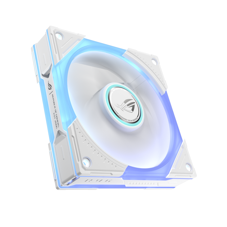 ROG Eurux GR120 ARGB Fan White hero angle with rotating fan blade and ARGB lighting