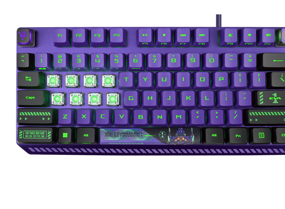 ROG Strix Scope RX EVA Edition, close-up with four caps removed showing ROG RX switches