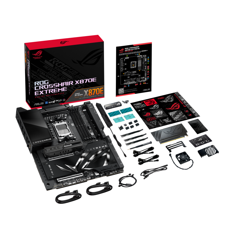 ROG CROSSHAIR X870E EXTREME top view with what’s inside the box