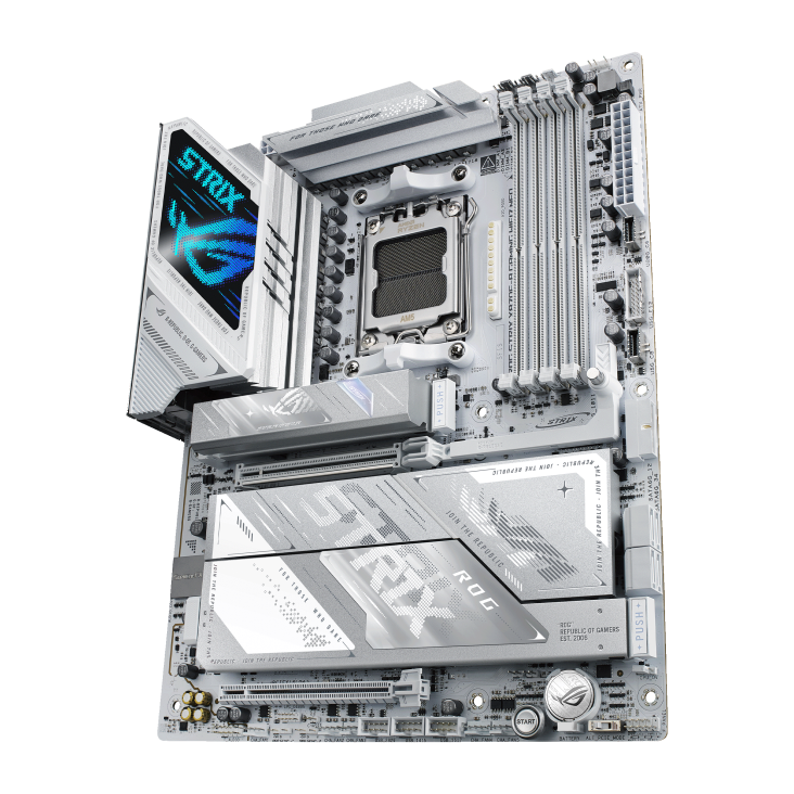 ROG Strix X870E-A Gaming WiFi7 Neo Strix X870E-A Neo front view, tilted 45 degrees