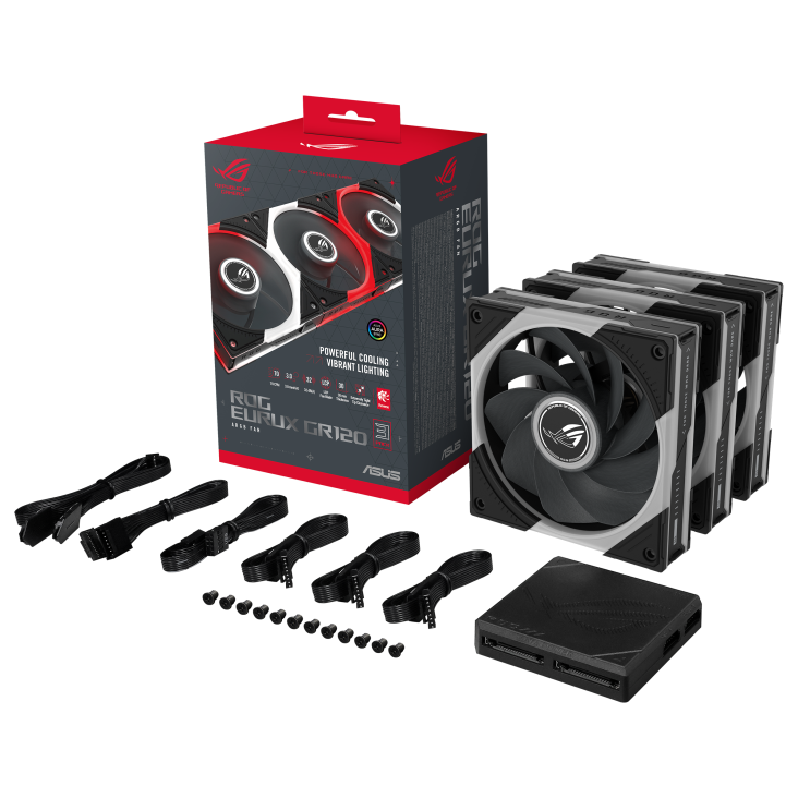 ROG Eurux GR120 ARGB Reverse Fan Black triple pack color box, with accessories and hub