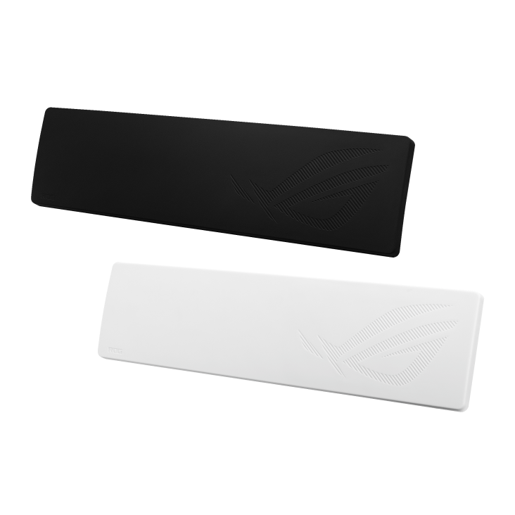 Black and white ROG Keyboard Wrist Rest front view to the right