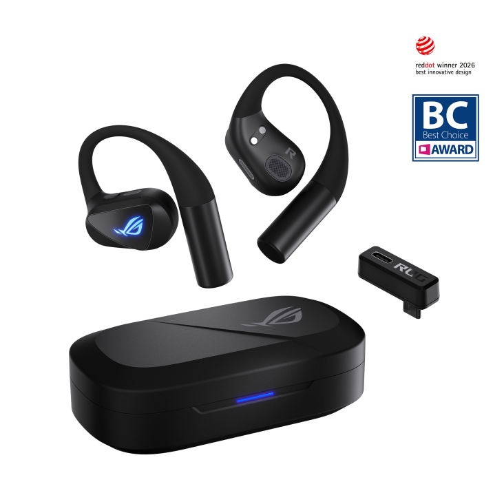 ROG Cetra Open Wireless gaming earbuds with charging case and 2.4 GHz dongle