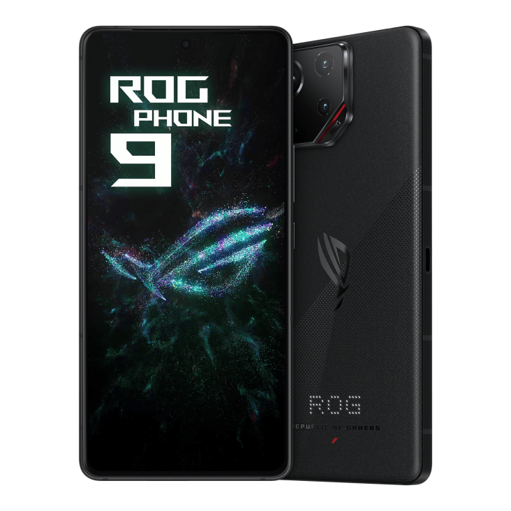 ROG Phone 9 Phantom Black angled view from front and the other ROG Phone 9 Phantom Black angled view from back, tilting at 45 degrees.