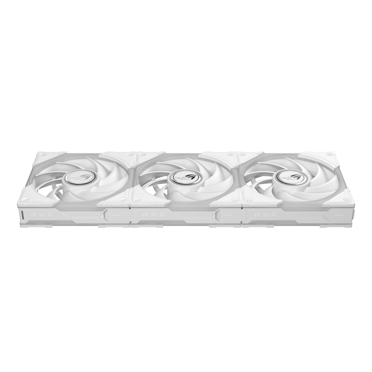 Top down view of ROG Eurux GR120 ARGB Fan Triple pack White showing side frame with patented daisy chain and ROG patterns 
