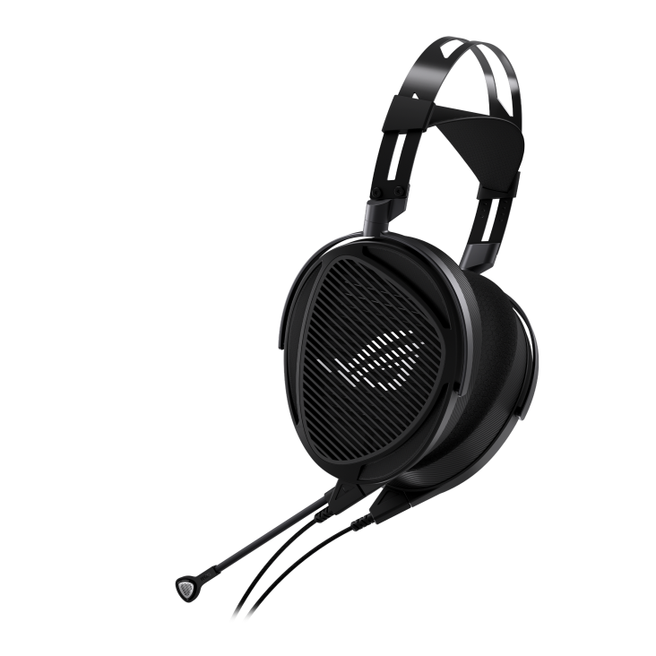 The side view of ROG Kithara open-back hifi gaming headset angled from the rear side showing earcup grille design