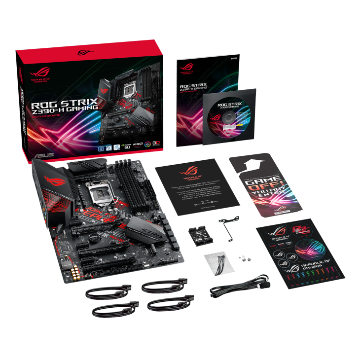 ROG STRIX Z390-H GAMING top view with what’s inside the box