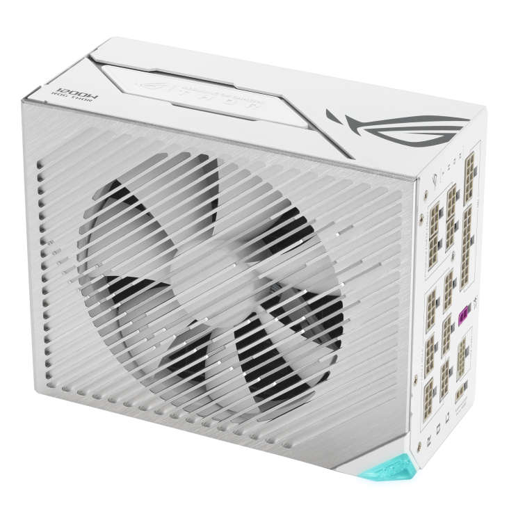 ROG Thor 1200W Platinum III White Edition with ROG Equalizer upright angle showing the top and right side