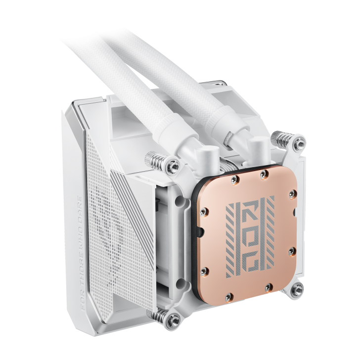 ROG Strix SLC IV 360 ARGB LCD White Edition – close-up of the pump block from behind and the side, showing the rose-gold ROG cover and tubing connectors