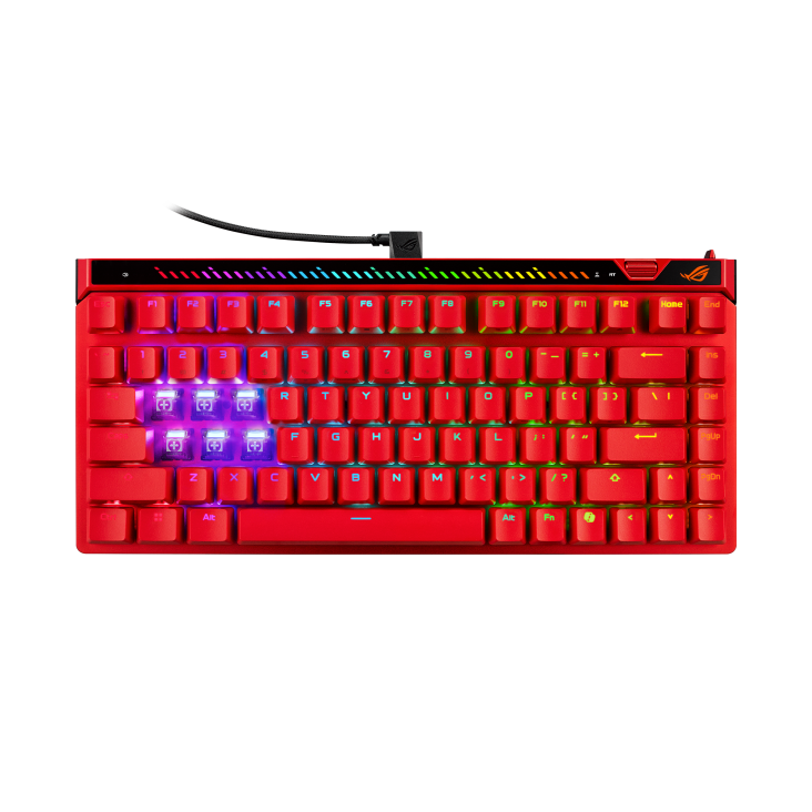 ROG Falchion Ace 75 HE Lava Red front view with keycaps removed to showcase the HFX V2 Switches