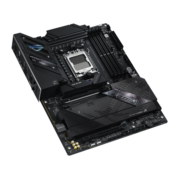 Top-down angled view of the ROG Strix B850-F Gaming WiFi 7 Neo motherboard 