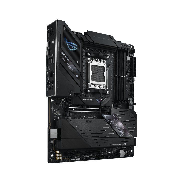 Angled perspective view of ROG Strix B850-F Gaming WiFi 7 Neo motherboard 