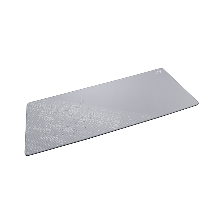 ROG Scabbard II Arctic Gray XXL – angled view from the right with water droplets on the mouse pad