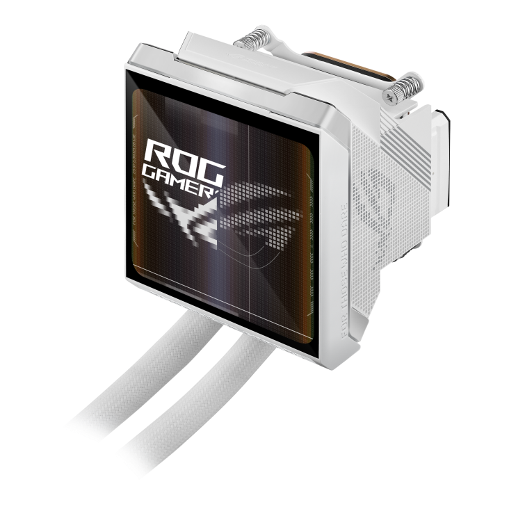 ROG Strix LC IV 360 ARGB LCD White Edition – side angled close-up of the LCD pump showing the ROG gamer logo screen and mesh side panel