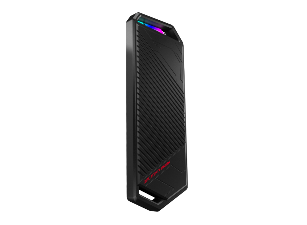 ROG Strix Arion S500 rear view, tilted 45 degrees, with AURA lighting