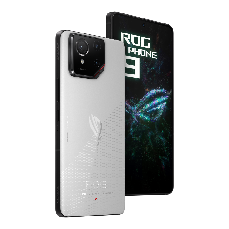 Two ROG Phone 9 Storm White angled view from both front and back, tilting at 45 degrees.