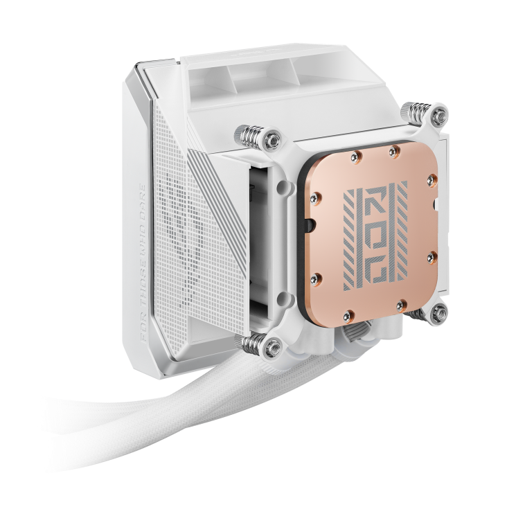ROG Strix LC IV 360 ARGB LCD White Edition – close-up angled view of the pump block showing the copper ROG cap, mesh side panel, and tubing