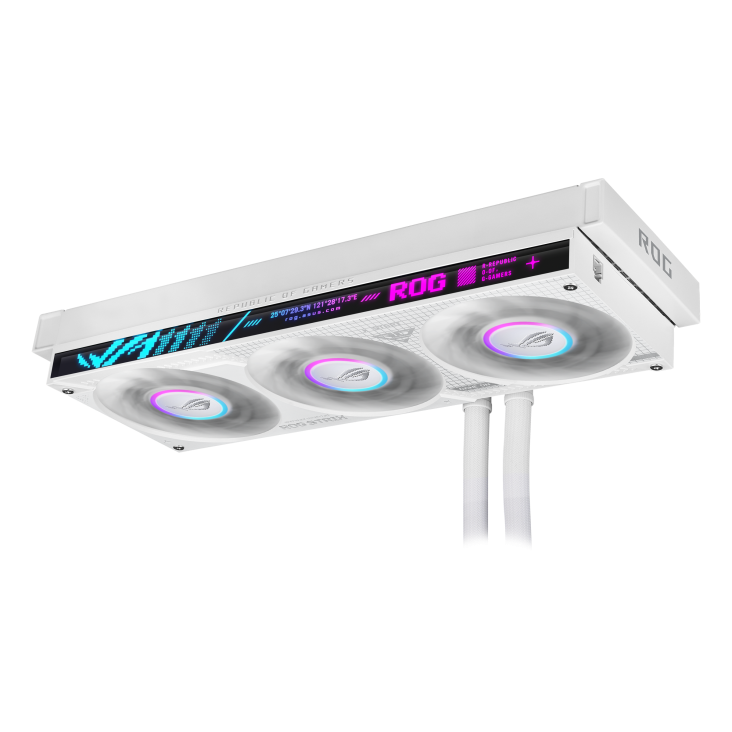 ROG Strix SLC IV 360 ARGB LCD White Edition – top-angled view of the three fans and radiator top edge, tubing stubs visible, no pump block