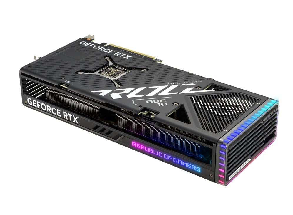 ROG Strix GeForce RTX 4070TI graphics card, rear angled view