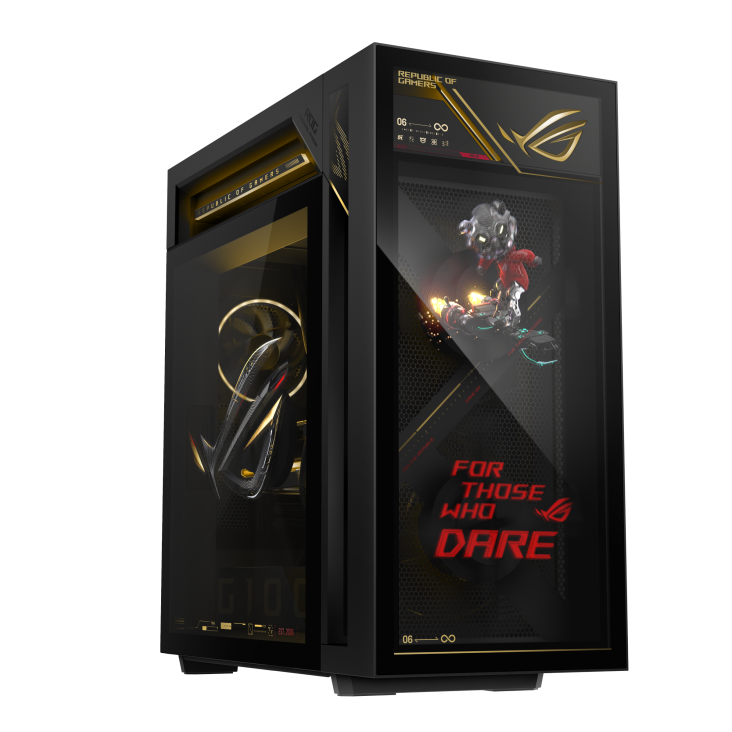 ROG G1000 (2026) GM1000 edition 20 A hovering ROG logo is projected from the fan, with a joystick on the left glass