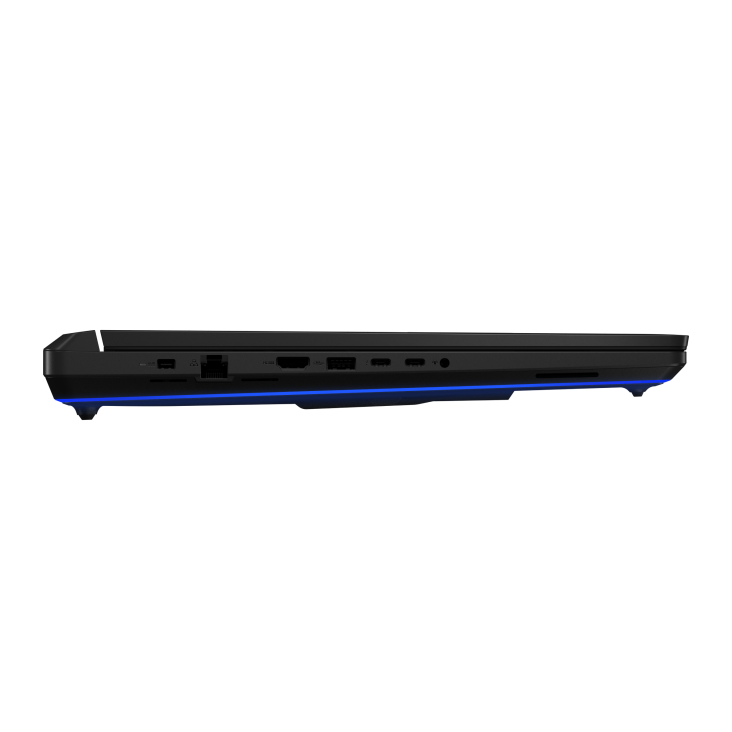 ROG Strix SCAR 18 (2026) side view, sleek black, high-performance gaming laptop, vibrant blue underglow.