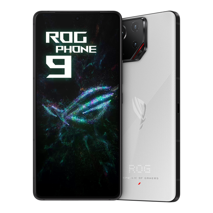 ROG Phone 9 Storm White angled view from front and the other ROG Phone 9 Storm White angled view from back, tilting at 45 degrees.