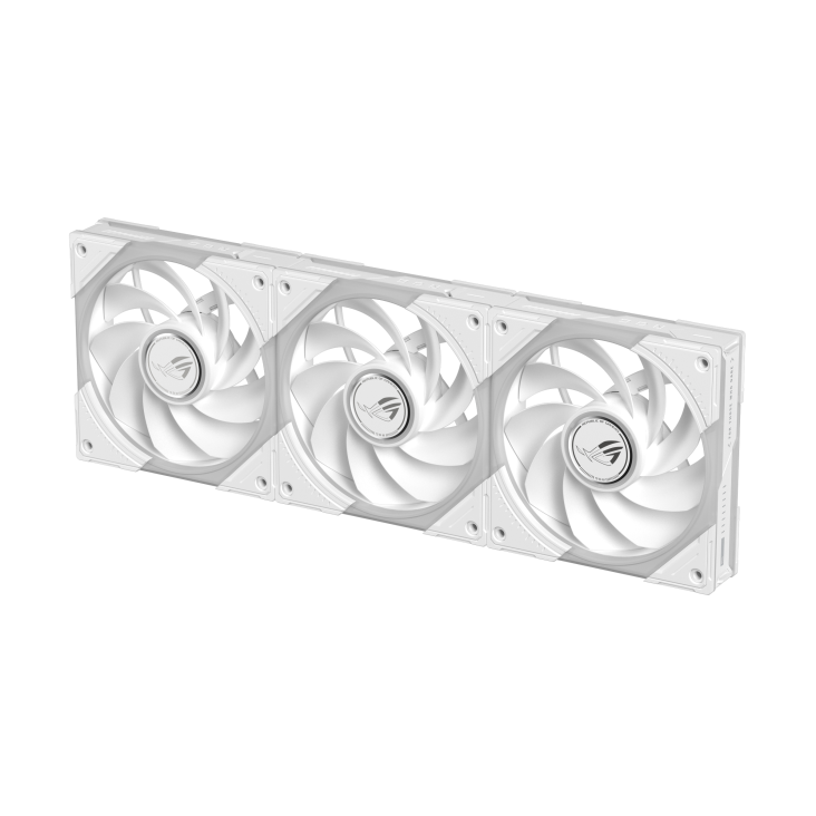 Top down shot of ROG Eurux GR120 ARGB Fan reverse blade Triple pack White showing lighting area and continuity