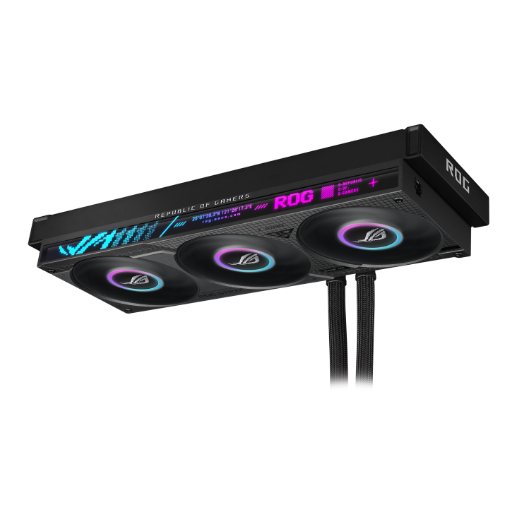 ROG Strix SLC IV 360 ARGB LCD – three-quarter high-angle view of the full radiator bar with three fans, tubing visible at lower right
