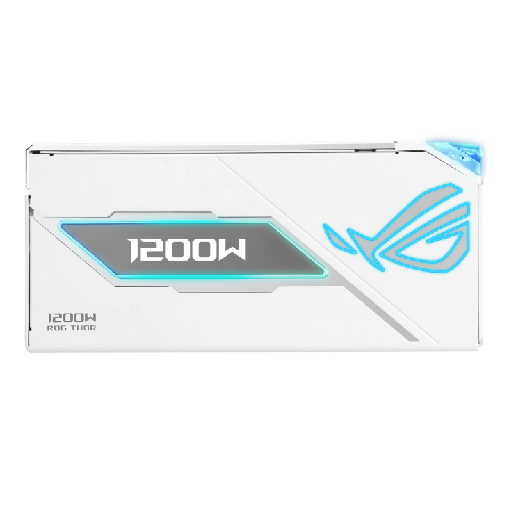 ROG Thor 1200W Platinum III White Edition with ROG Equalizer right side with magnetic OLED display showing 1200W