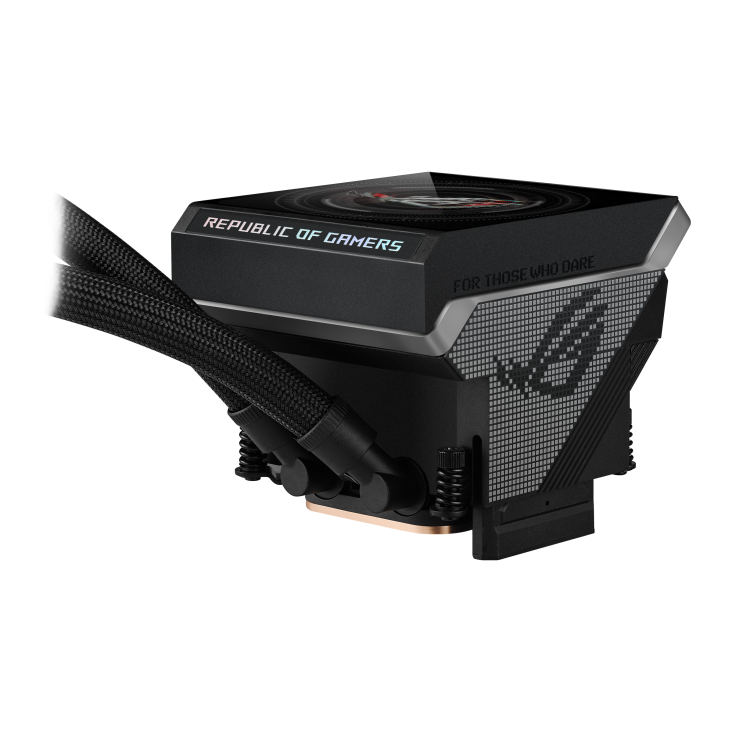 ROG Strix LC IV 360 ARGB LCD – pump and LCD block only, top-down close view showing the "Republic of Gamers" wordmark and mesh grille pattern