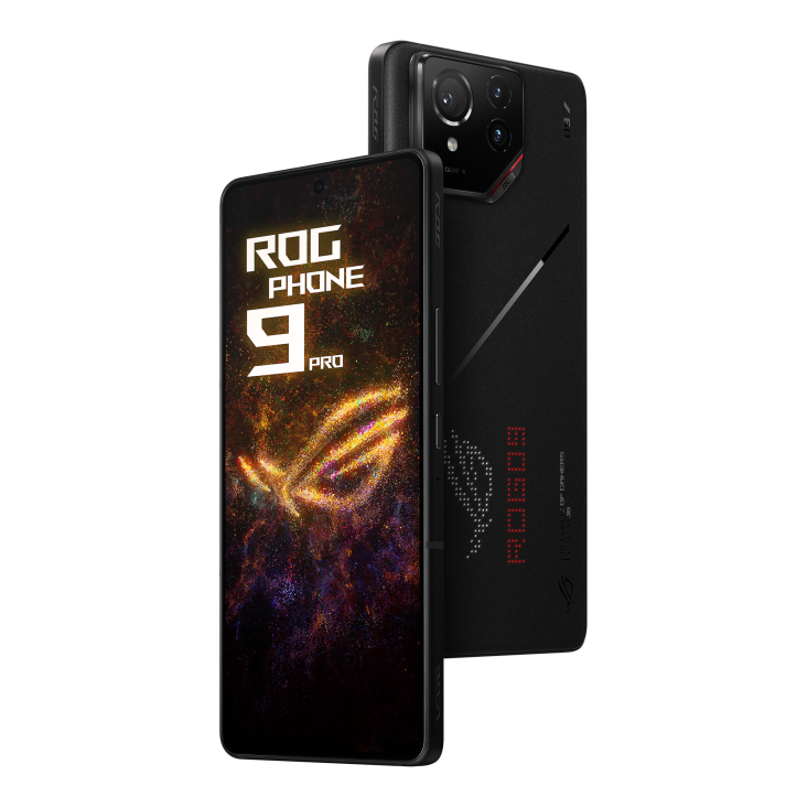 Two ROG Phone 9 Pro Phantom Black angled view from both front and back, tilting at 45 degrees.