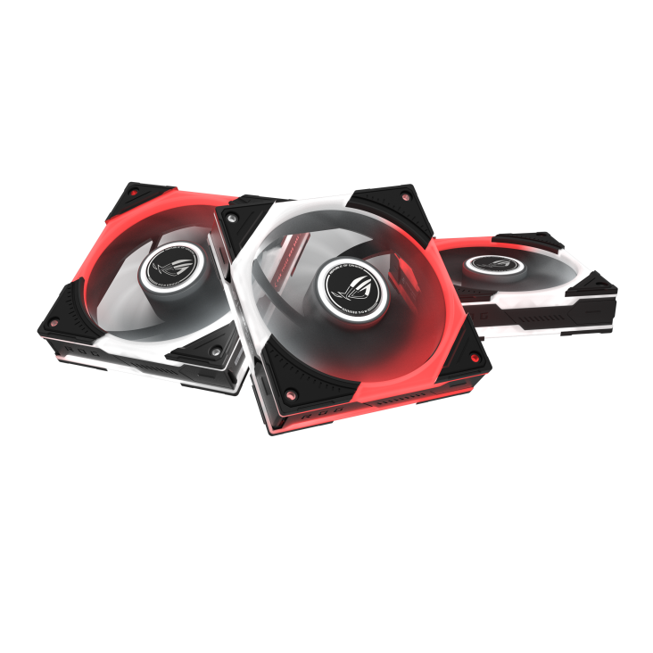 Three ROG Eurux GR120 ARGB Fan Triple pack Black featuring three lighting zones with white and red ARGB light and sleek black frame for custom computer builds
