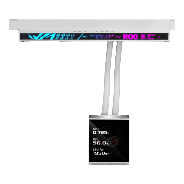ROG Strix SLC IV 360 ARGB LCD White Edition – front-on straight view of the full unit, fans on top and LCD pump block below showing CPU stats