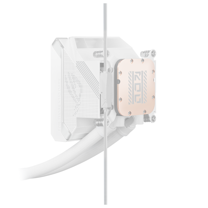 ROG Strix LC IV 360 ARGB LCD White Edition – close-up side view of the pump block showing the copper ROG logo cap and tubing