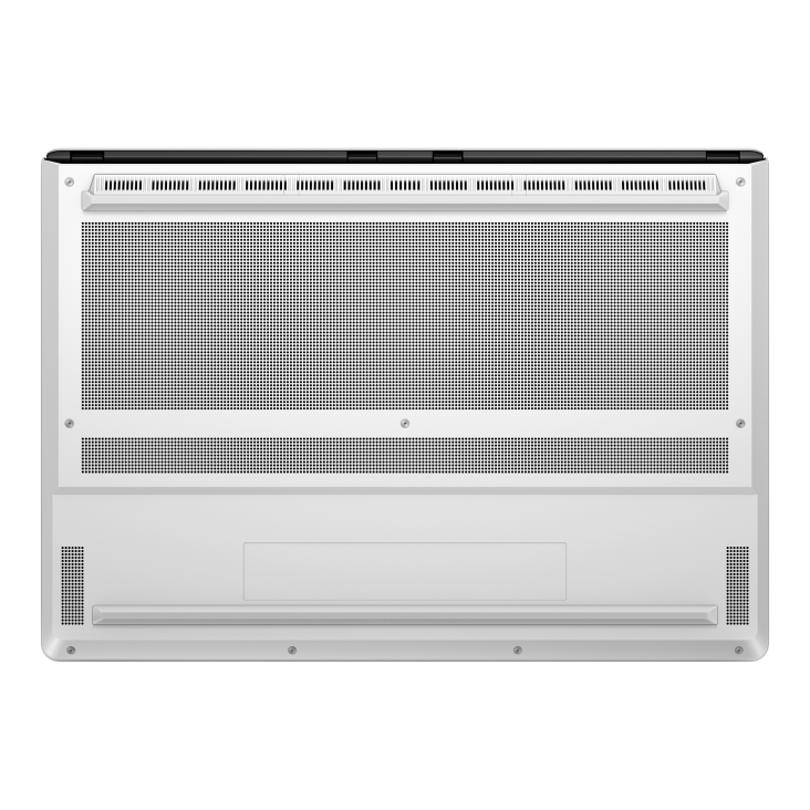 22_2026 Zephyrus G14 View of the bottom side of the Moonlight White Zephyrus G14, with a clear view of the air intakes