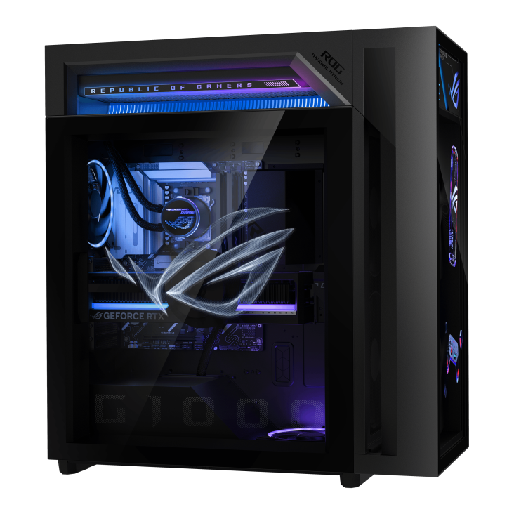 06_ROG G1000 (2026) GM1000 A hovering ROG logo is projected from the fan, with a joystick on the left glass