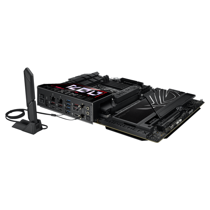 ROG MAXIMUS Z890 HERO lie flat, viewed from the I/O ports side, with WIFI Q-Antenna