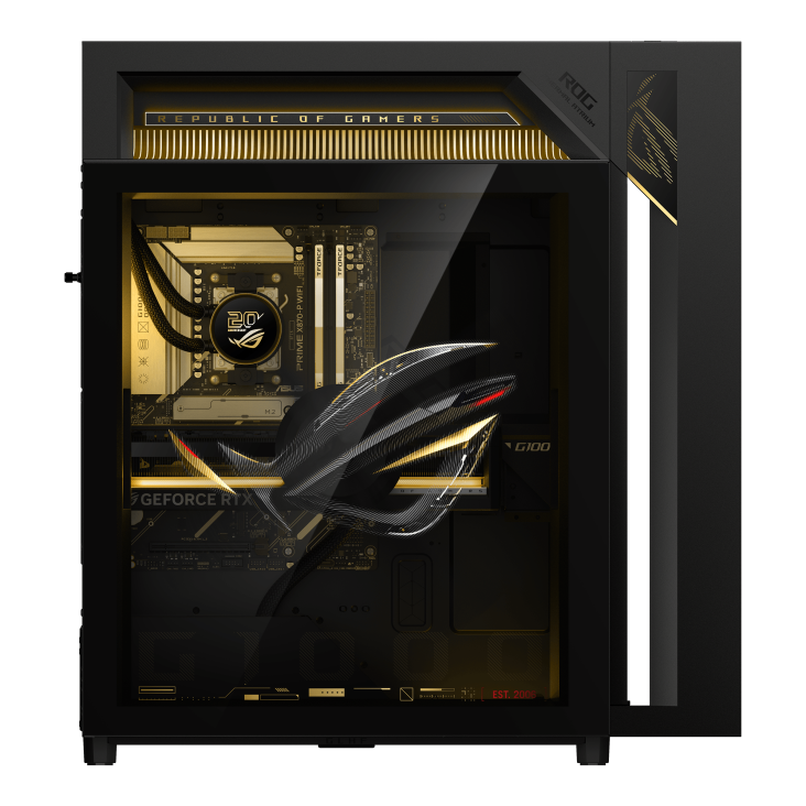 ROG G1000 (2026) GM1000 edition 20 A hovering ROG logo is projected from the fan, with a joystick on the left glass