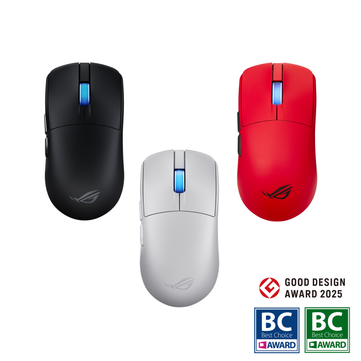 Top view of the black, red and white ROG Harpe II Ace with the good design award logo and BC award logos