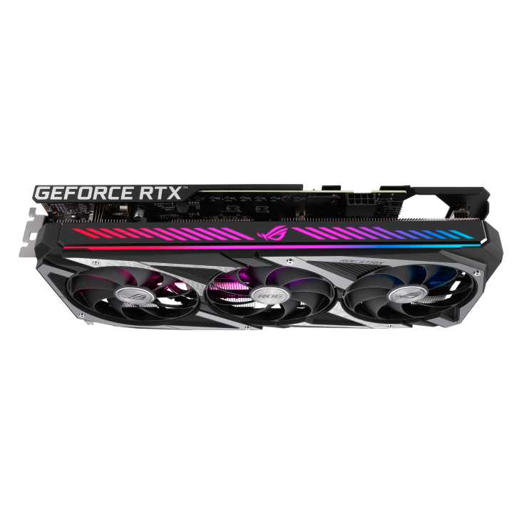 ROG Strix GeForce RTX™ 3050 OC Edition graphics card, angled top view, showing off the ARGB element