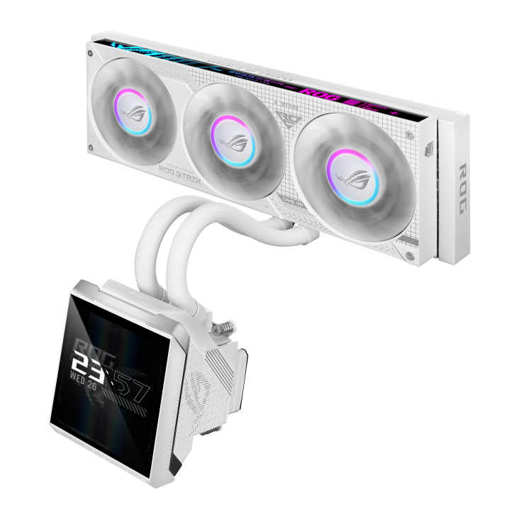 ROG Strix SLC IV 360 ARGB LCD White Edition – three-quarter perspective view, fans upper left and LCD pump lower left showing a clock display