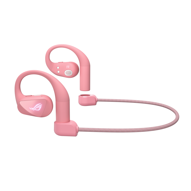 Close-up angled view of ROG Cetra Open Wireless gaming earbuds in Dusk Pink attached to the Detachable neck strap.