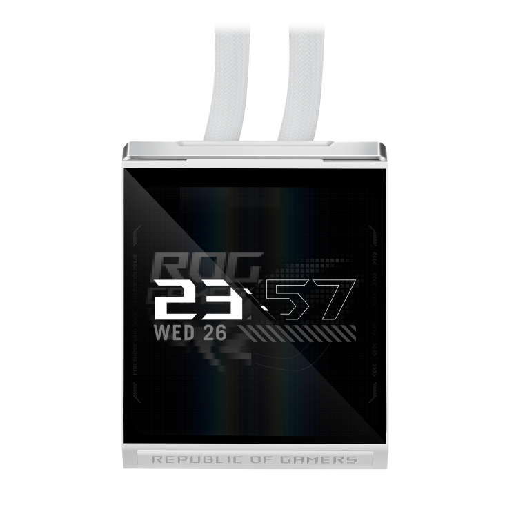 ROG Strix SLC IV 360 ARGB LCD White Edition – close-up front view of the LCD pump top only, showing a clock and date readout